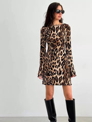 Kaerwx | Spring Leopard Print Backless Long-Sleeve Mini Dress