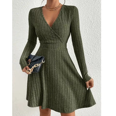 Kaerwx | V-Neck Long-Sleeve Military Green Midi Dress with Waist Detailing