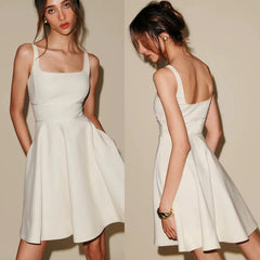 Kaerwx | White High-Waist Suspender A-Line Mini Dress with Slim Fit