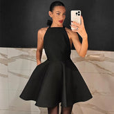 Kaerwx | Sleeveless Backless Halter A-Line Satin Dress with High Waist