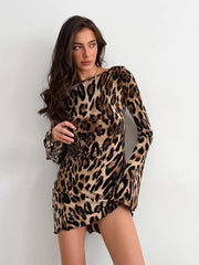 Kaerwx | Spring Leopard Print Backless Long-Sleeve Mini Dress