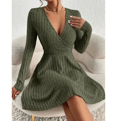 Kaerwx | V-Neck Long-Sleeve Military Green Midi Dress with Waist Detailing