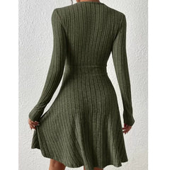 Kaerwx | V-Neck Long-Sleeve Military Green Midi Dress with Waist Detailing