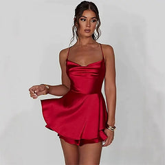 Kaerwx | Satin Strappy Backless Dress with Slim-Fit Waist