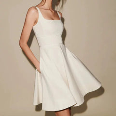 Kaerwx | White High-Waist Suspender A-Line Mini Dress with Slim Fit