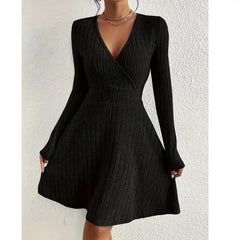 Kaerwx | V-Neck Long-Sleeve Military Green Midi Dress with Waist Detailing