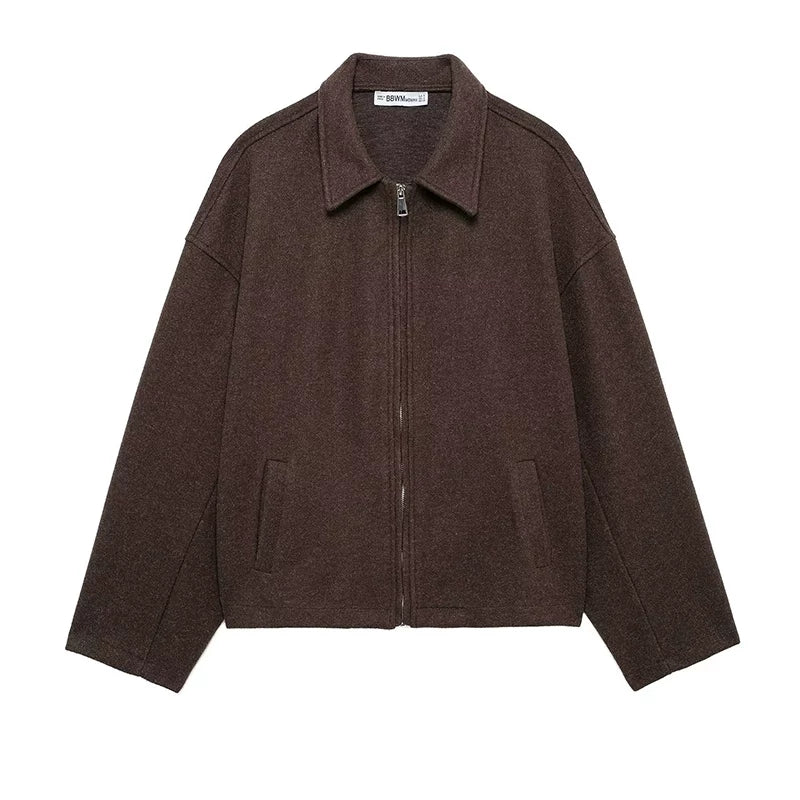 Kaerwx | Women’s Brown Woolen Short Jacket – Chic Street Style with Zipper Lapel