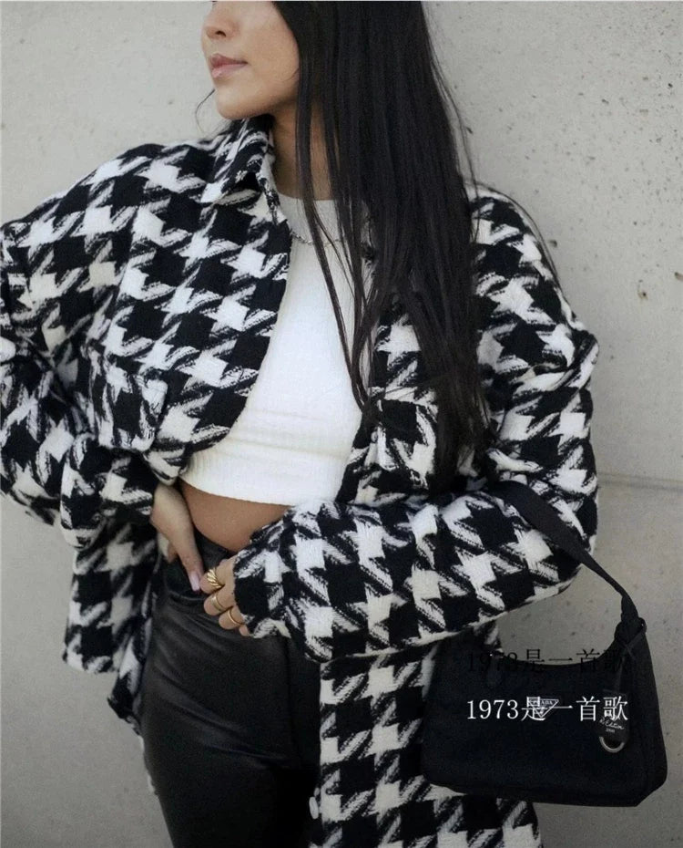 Kaerwx | Women’s Houndstooth Wool Coat Mid-Length Thick Autumn Winter