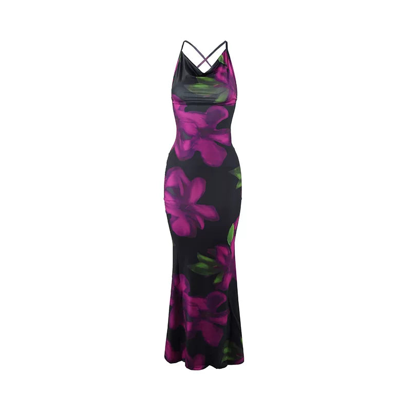 Kaerwx | Dark Purple Floral Cross-Strap Backless Dress for Women