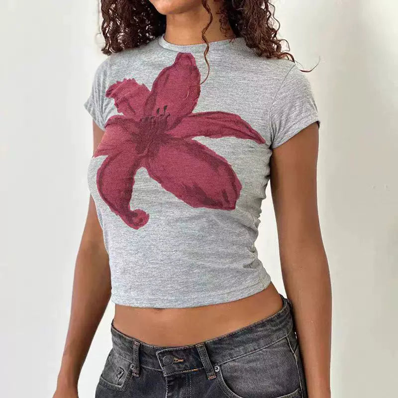 Kaerwx | Women’s Retro Y2K Floral Short Sleeve Crop T Shirt Slim Summer Top