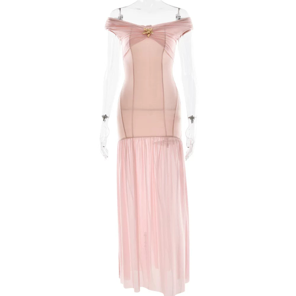 Kaerwx | One-Shoulder Tube Top Mesh Splice Backless Pleated Dress