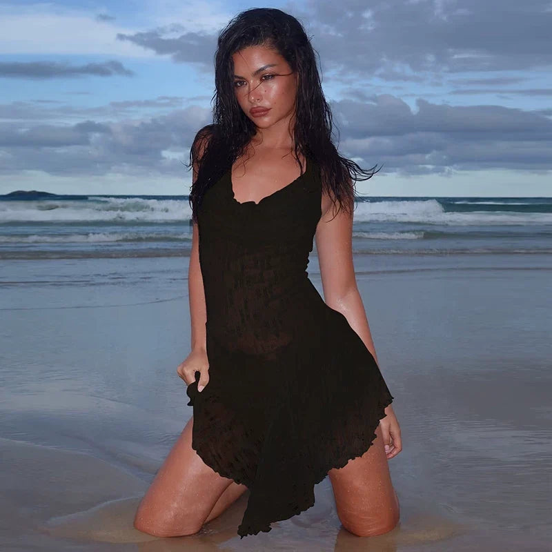 Kaerwx | Lace Halter Neck Waist-Cinching Short Dress