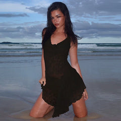 Kaerwx | Lace Halter Neck Waist-Cinching Short Dress
