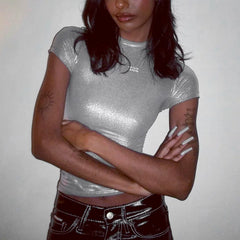 Kaerwx | Silver Short-Sleeve Metallic Crop Top for Women
