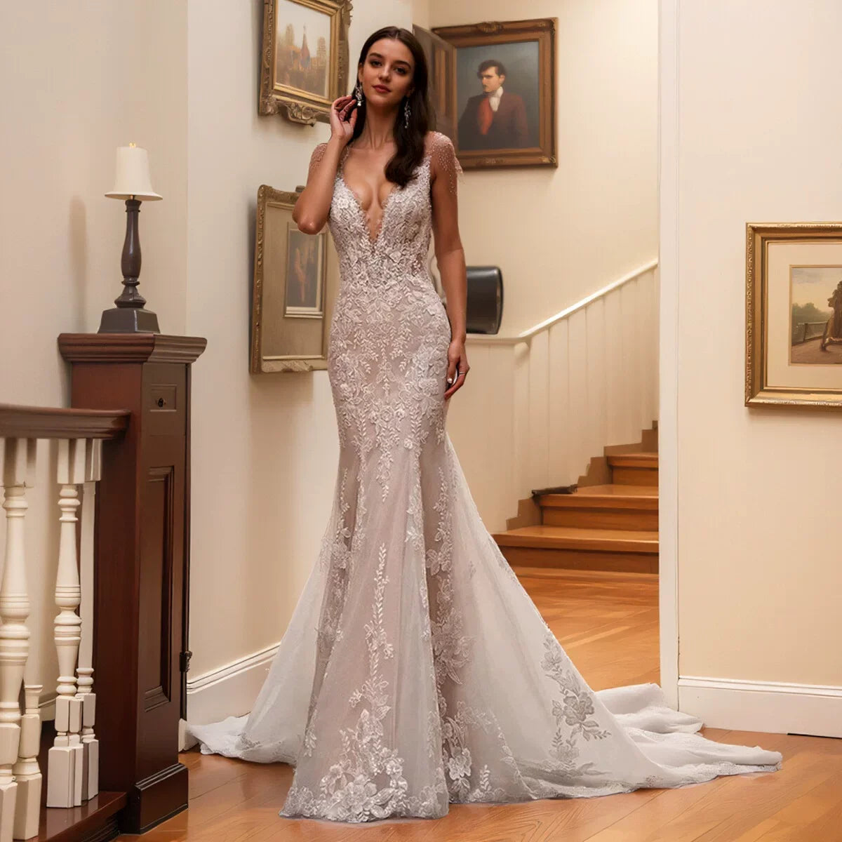 Kaerwx | Women’s Hollow Lace Mermaid Wedding Dress Thin Strap Evening Gown