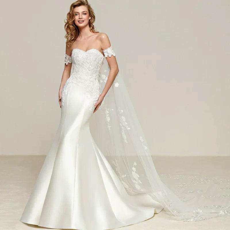 Kaerwx | Women’s One Shoulder Satin Mermaid Wedding Dress Slim Fit Detachable Train