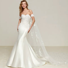 Kaerwx | Women’s One Shoulder Satin Mermaid Wedding Dress Slim Fit Detachable Train
