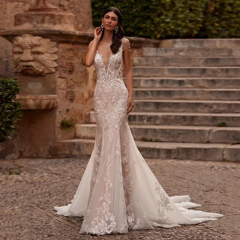Kaerwx | Women’s Hollow Lace Mermaid Wedding Dress Thin Strap Evening Gown