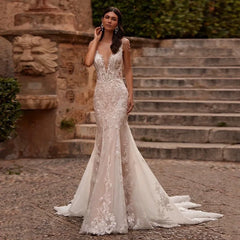 Kaerwx | Women’s Hollow Lace Mermaid Wedding Dress Thin Strap Evening Gown