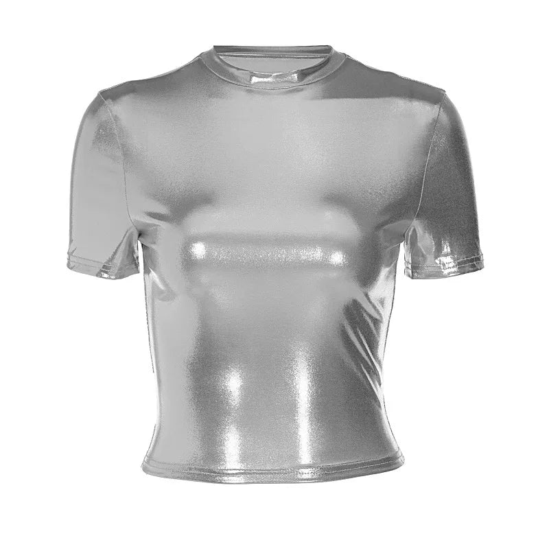 Kaerwx | Silver Short-Sleeve Metallic Crop Top for Women