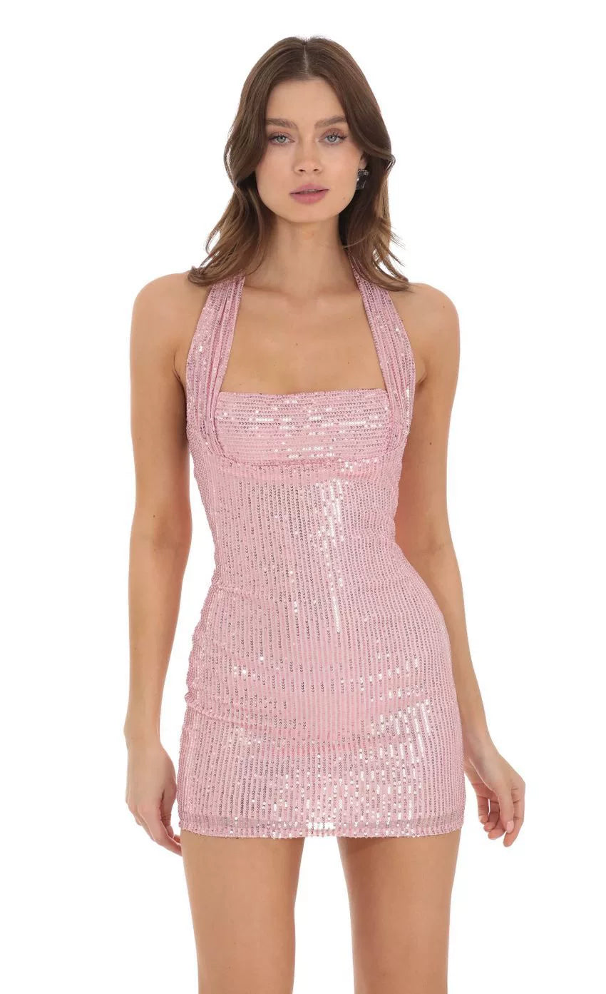 Kaerwx | Halterneck Sequin Short Dress in Multiple Colors