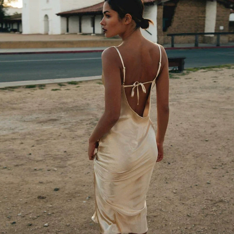 Kaerwx | Satin Strappy Backless Slim Suspender Dress