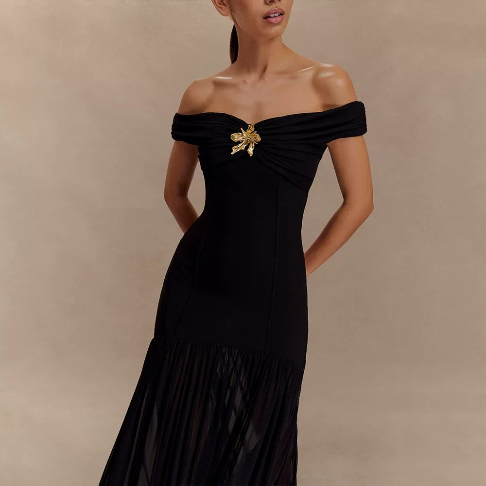 Kaerwx | One-Shoulder Tube Top Mesh Splice Backless Pleated Dress
