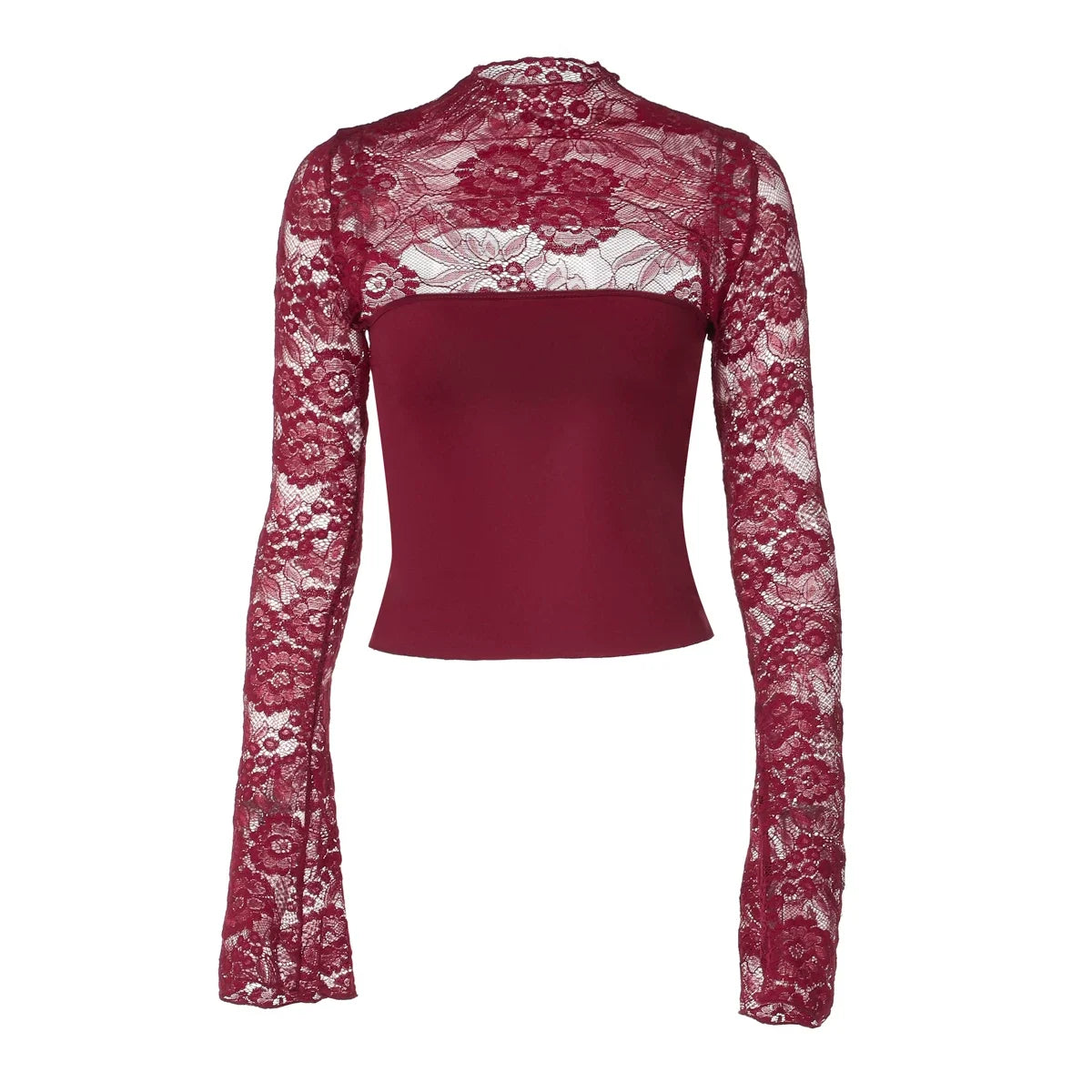 Kaerwx | Lace-Detail Hollow Long-Sleeve T-Shirt for Women