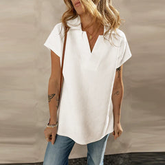 Kaerwx | Solid Color V-Neck Short-Sleeve T-Shirt with Hem Slit for Women