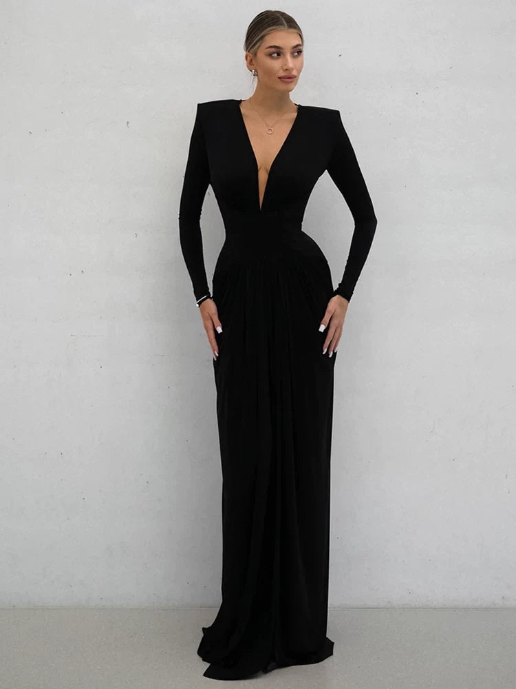 Kaerwx | V-Neck Long-Sleeve Waist-Cinching Dress with Slits