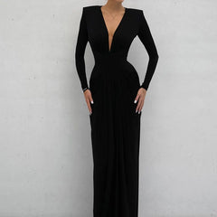 Kaerwx | V-Neck Long-Sleeve Waist-Cinching Dress with Slits