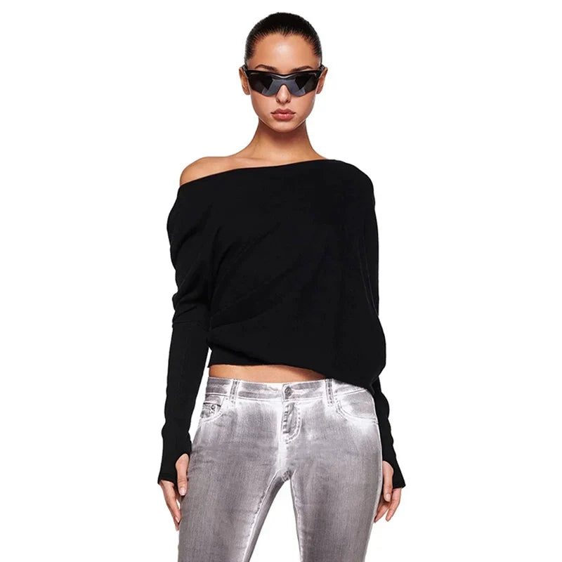 Kaerwx | Off-Shoulder Slant Collar Fingerless Long-Sleeve Top with Elastic Waist for Women