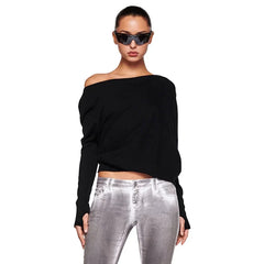 Kaerwx | Off-Shoulder Slant Collar Fingerless Long-Sleeve Top with Elastic Waist for Women