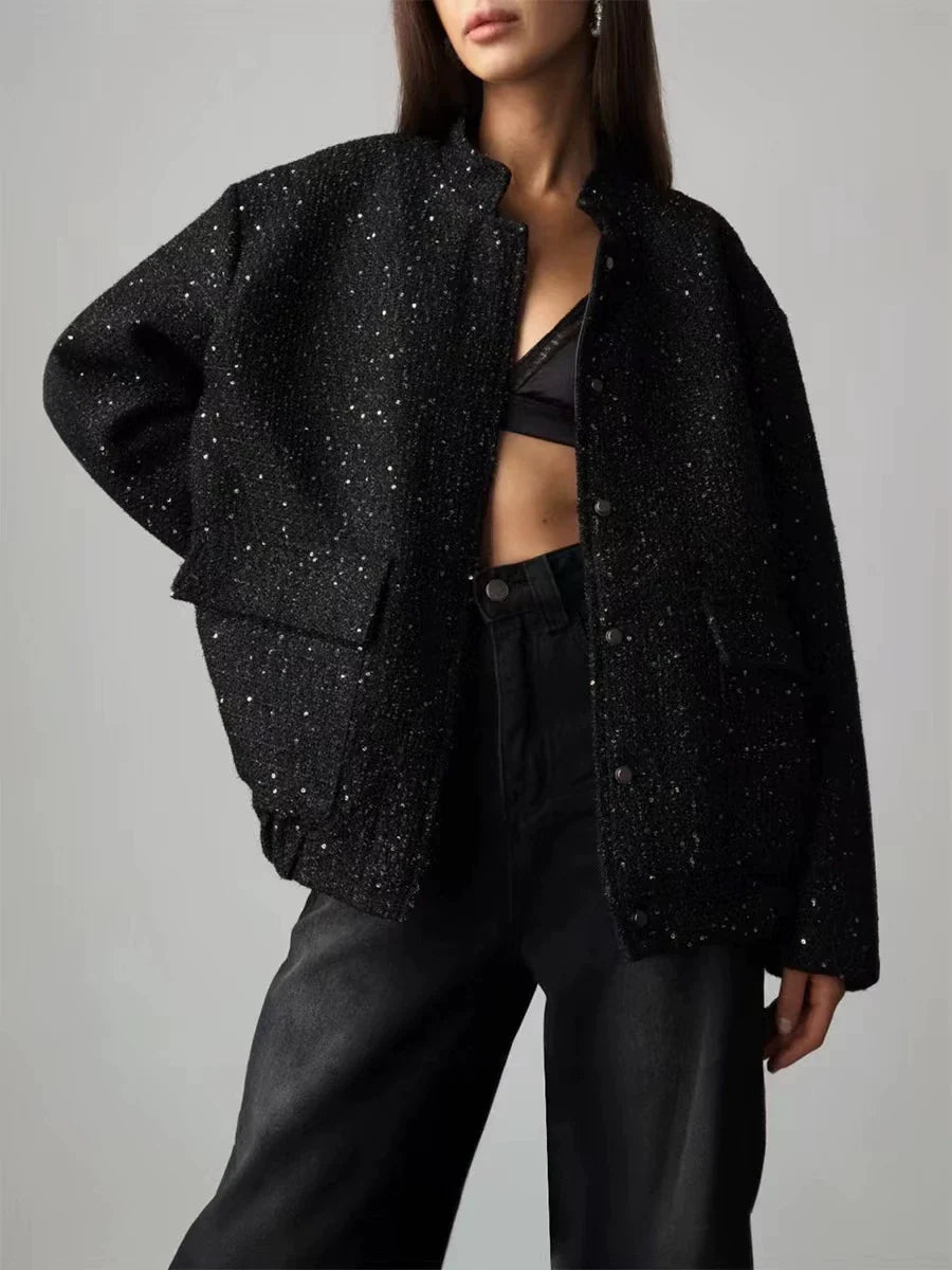 Kaerwx | Women’s Gold Sequin Jacket Loose Stand Collar