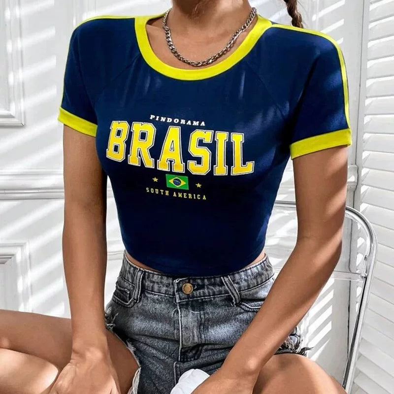 Kaerwx | Burgundy Y2K‑Inspired Football Style Short Sleeve Crop Top for Women