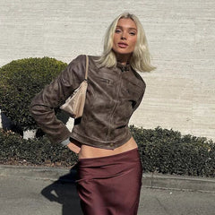 Kaerwx | Women’s Brown PU Leather Jacket – Retro Stand Collar Short Coat