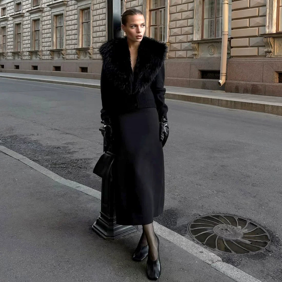 Kaerwx | Women’s Street Style Fur Collar Long Sleeve Slim Coat Fashion Outerwear