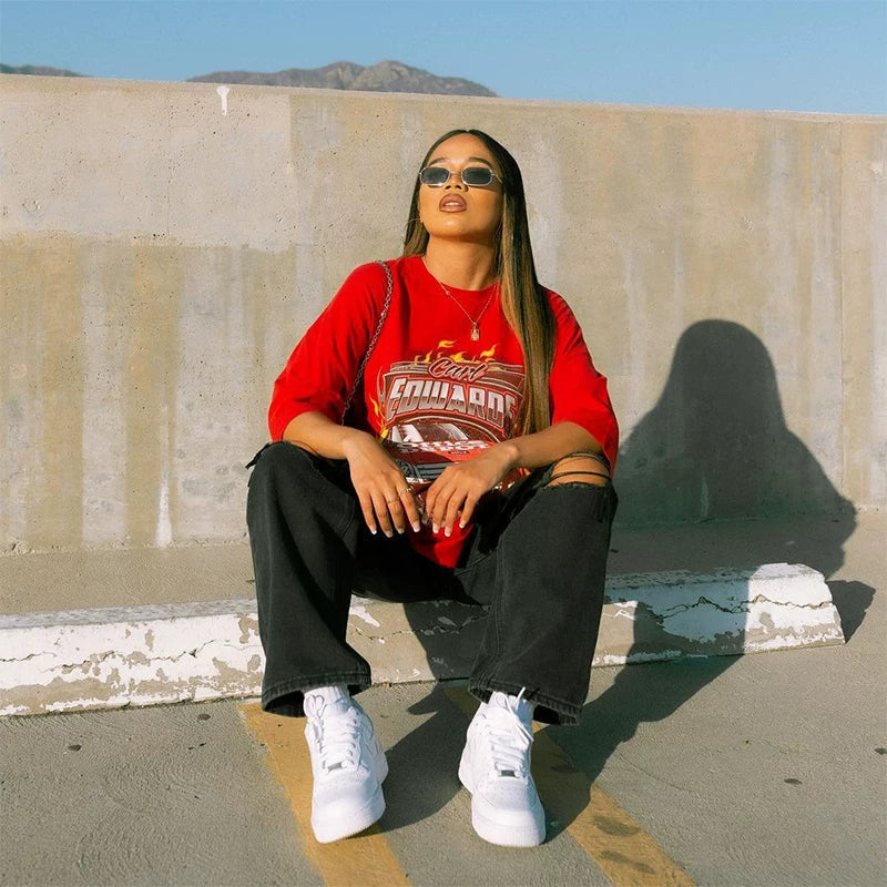 Kaerwx | Oversized Red and White Short-Sleeve T-Shirt for Women