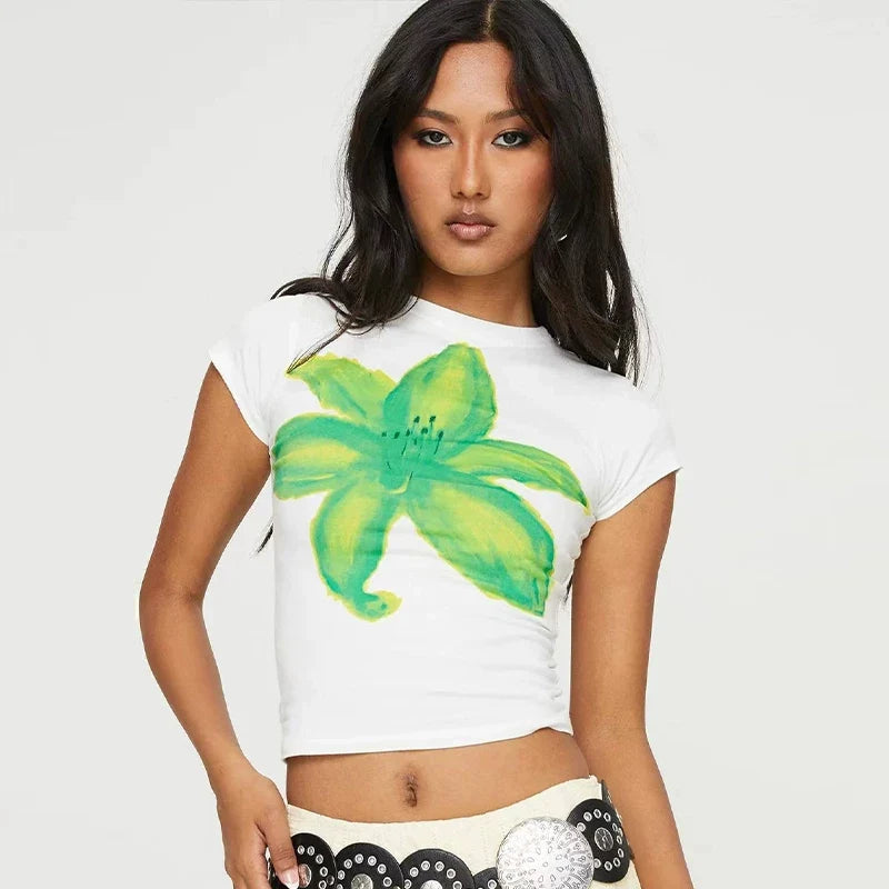 Kaerwx | Women’s Retro Y2K Floral Short Sleeve Crop T Shirt Slim Summer Top