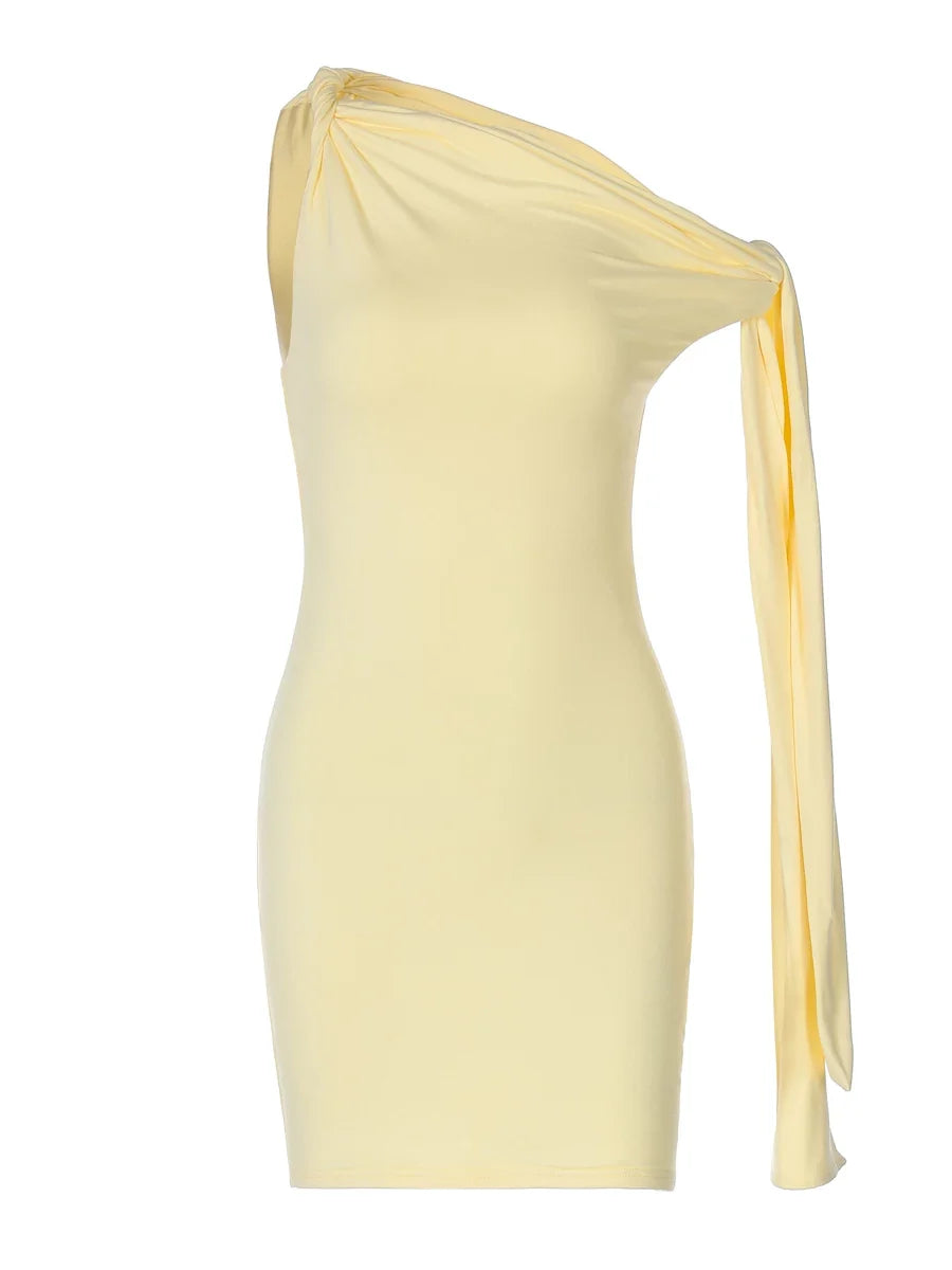 Kaerwx | Asymmetric Tie Off-Shoulder Suspender Slim Solid Color Hip Dress