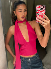 Kaerwx | Deep V Halter Backless Short Top for Women