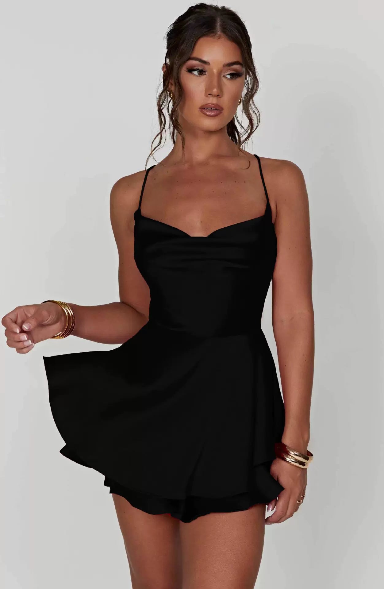 Kaerwx | Red Satin Backless Strap Dress with A-Line Short Skirt