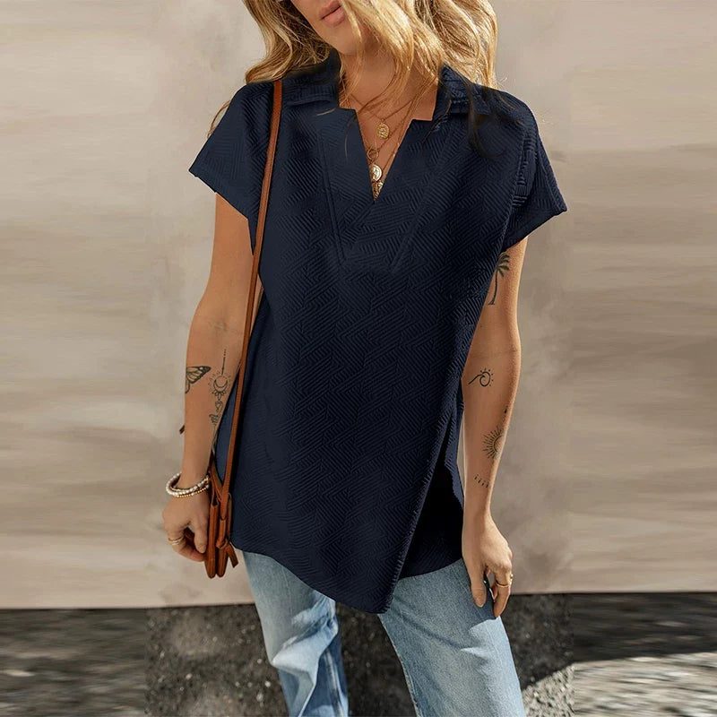 Kaerwx | Solid Color V-Neck Short-Sleeve T-Shirt with Hem Slit for Women