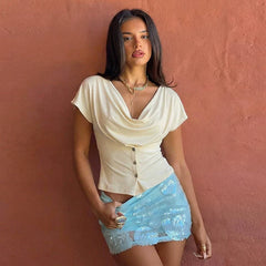 Kaerwx | Fold-Neck Short-Sleeve Buttoned Top for Women