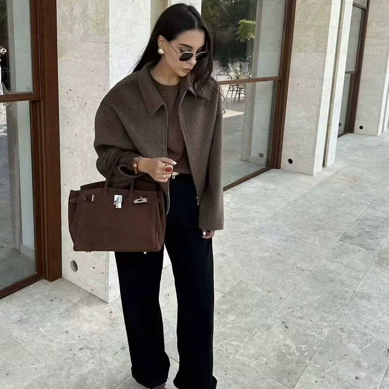 Kaerwx | Women’s Brown Woolen Short Jacket – Chic Street Style with Zipper Lapel