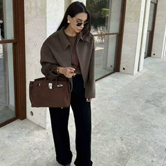 Kaerwx | Women’s Brown Woolen Short Jacket – Chic Street Style with Zipper Lapel