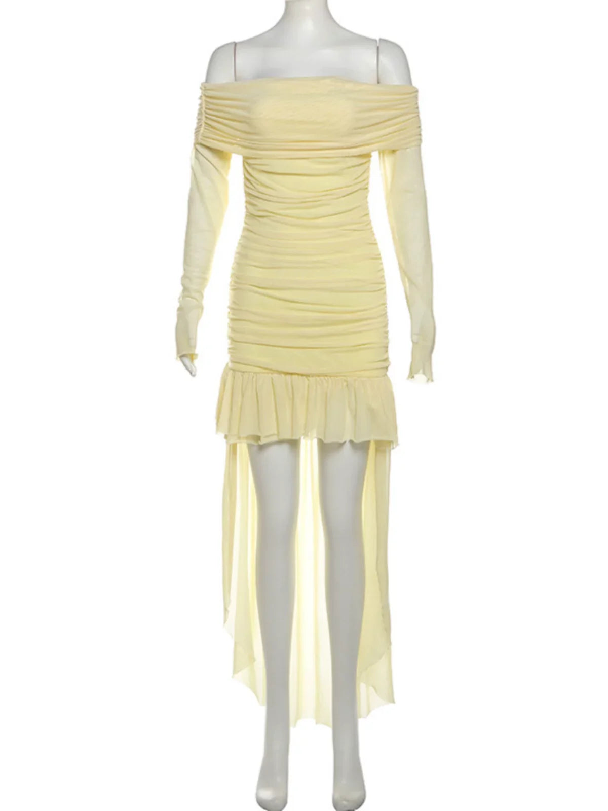 Kaerwx | One-Shoulder Long-Sleeve Pleated Waist-Slim Dress with Train