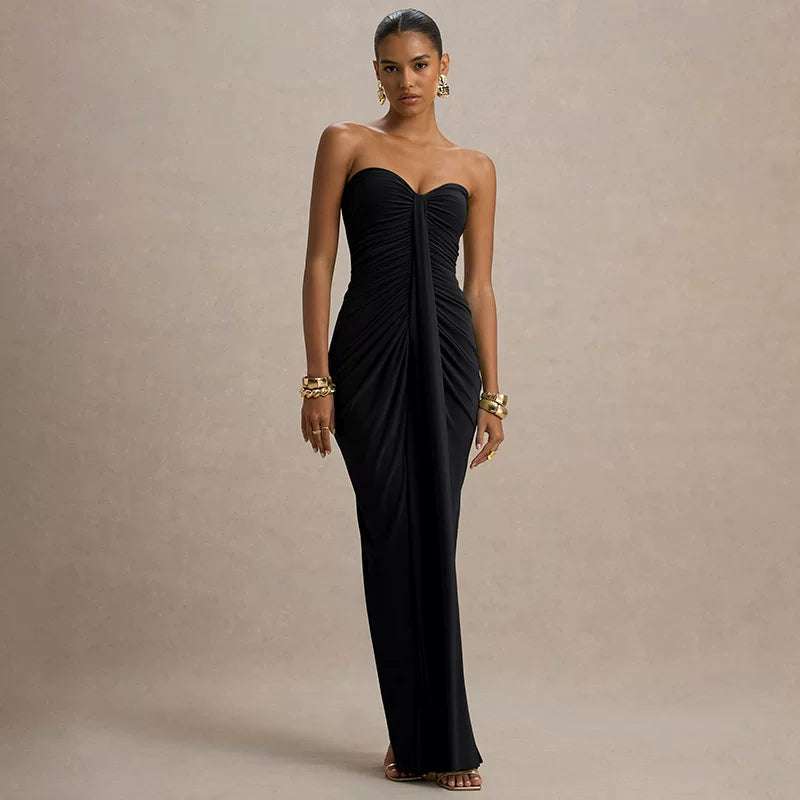 Kaerwx | Sweetheart Pleated Wrap Long Dress with Waist-Enhancing Fit