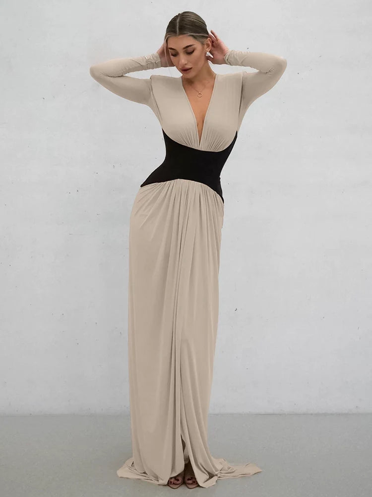 Kaerwx | V-Neck Long-Sleeve Waist-Cinching Dress with Slits