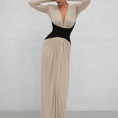 Kaerwx | V-Neck Long-Sleeve Waist-Cinching Dress with Slits